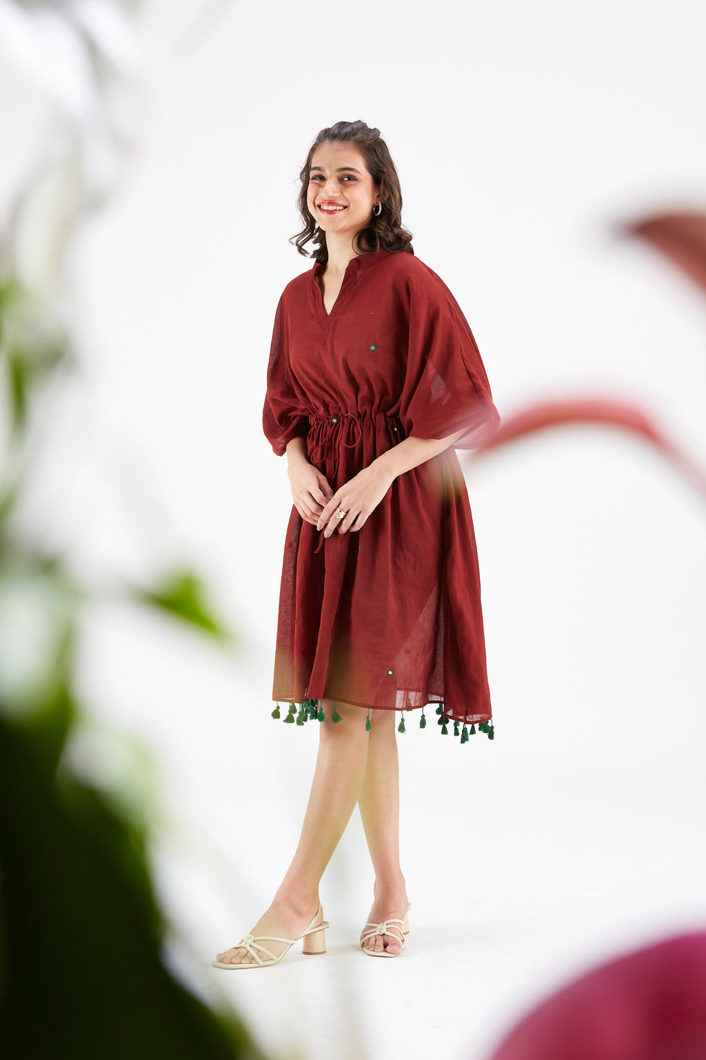 Summer Maroon Kaftan Cotton Dress at Kamakhyaa by Hasttvam. This item is Cotton, Ete by Hasttvam, Floral Prints, Hand Printed, Maroon, Under $200, Wedding Wear, Womenswear