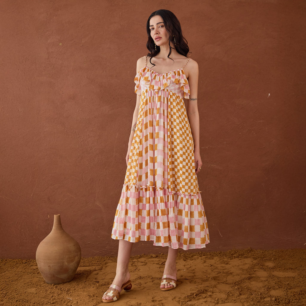 Summer Strokes at Kamakhyaa by Taro. This item is Artisan made, Cotton Mulmul, Handblock Printed, Orange, Sleeveless Dresses, Whispers of Summer by Taro