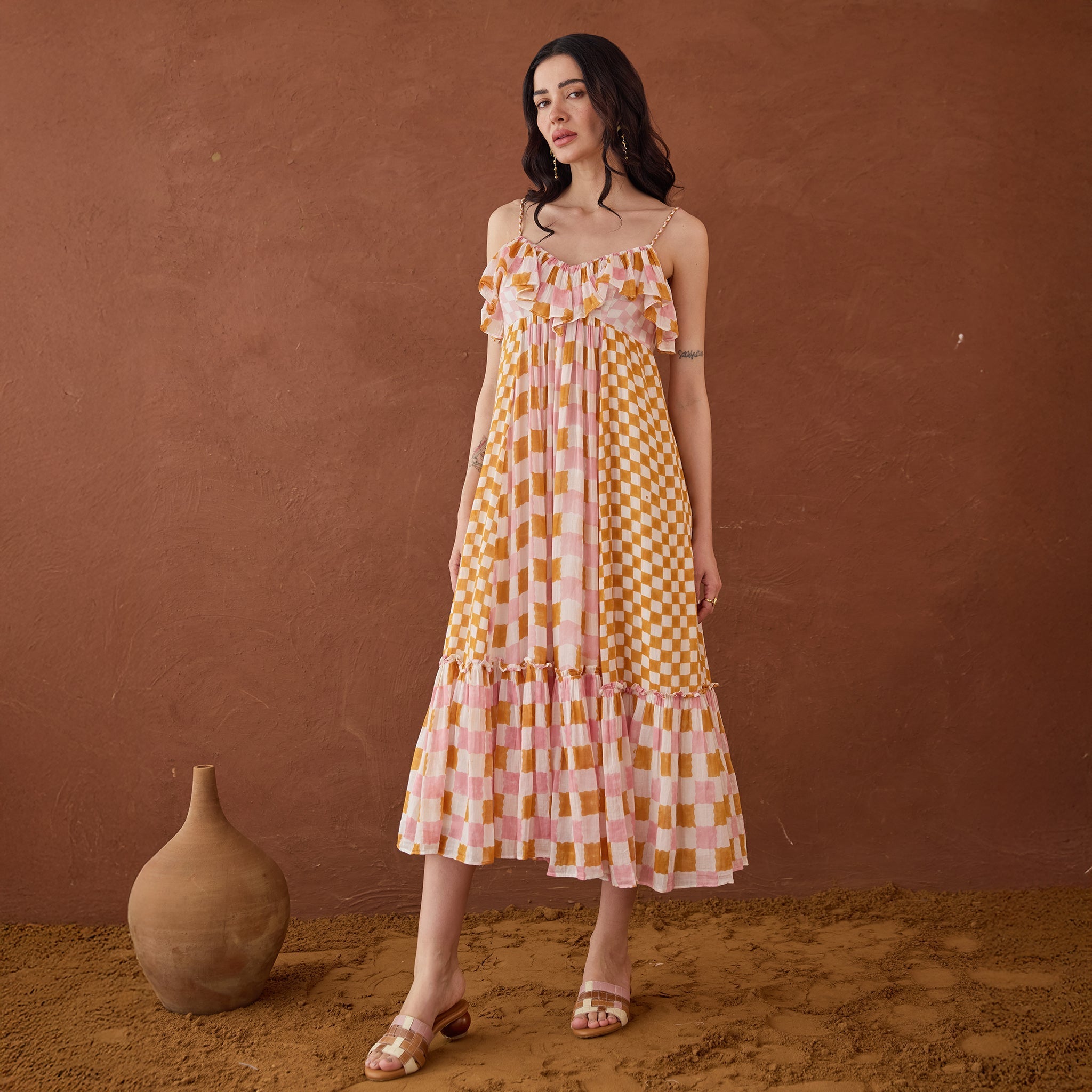 Summer Strokes at Kamakhyaa by Taro. This item is Artisan made, Cotton Mulmul, Handblock Printed, Orange, Sleeveless Dresses, Whispers of Summer by Taro