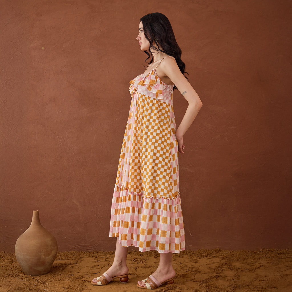 Summer Strokes at Kamakhyaa by Taro. This item is Artisan made, Cotton Mulmul, Handblock Printed, Orange, Sleeveless Dresses, Whispers of Summer by Taro