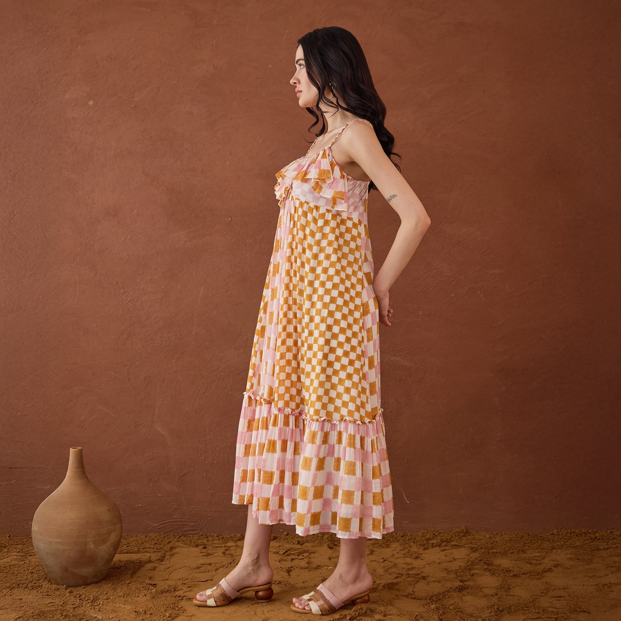 Summer Strokes at Kamakhyaa by Taro. This item is Artisan made, Cotton Mulmul, Handblock Printed, Orange, Sleeveless Dresses, Whispers of Summer by Taro
