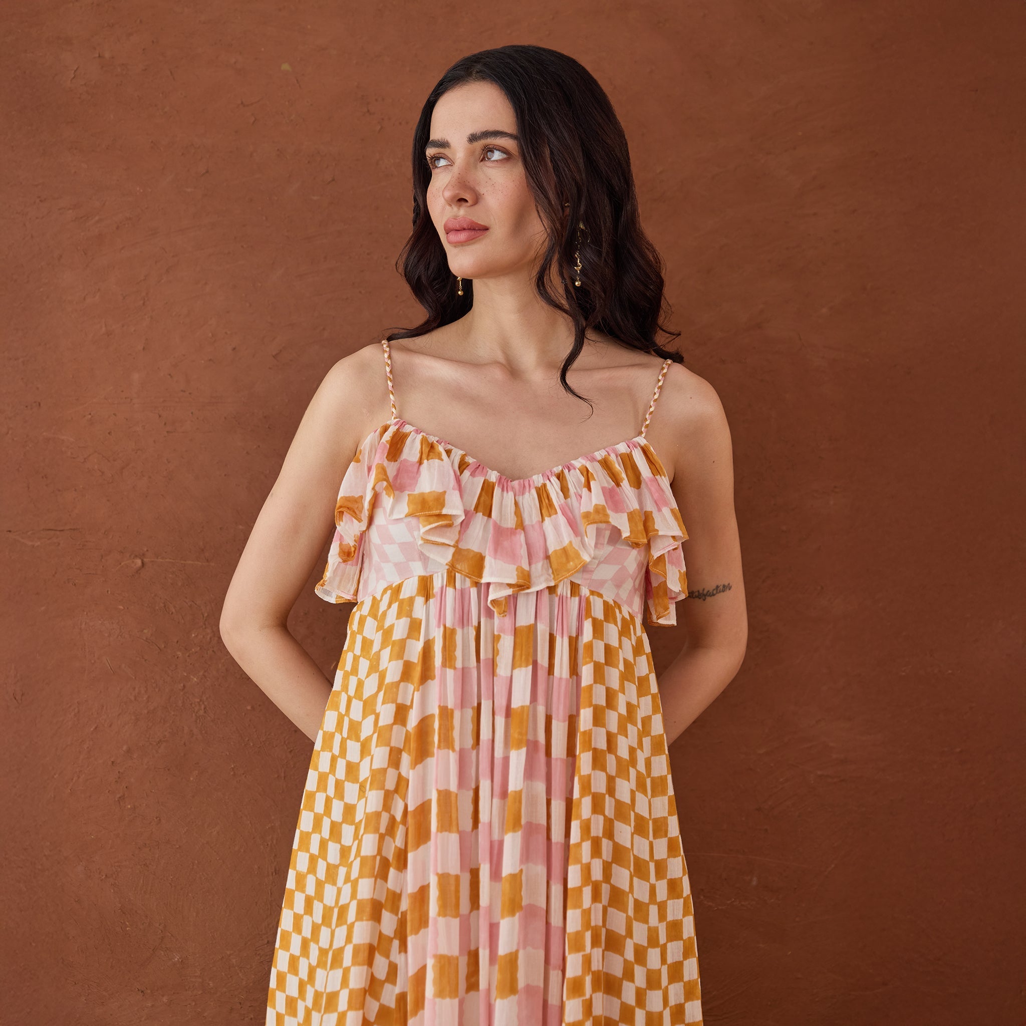 Summer Strokes at Kamakhyaa by Taro. This item is Artisan made, Cotton Mulmul, Handblock Printed, Orange, Sleeveless Dresses, Whispers of Summer by Taro