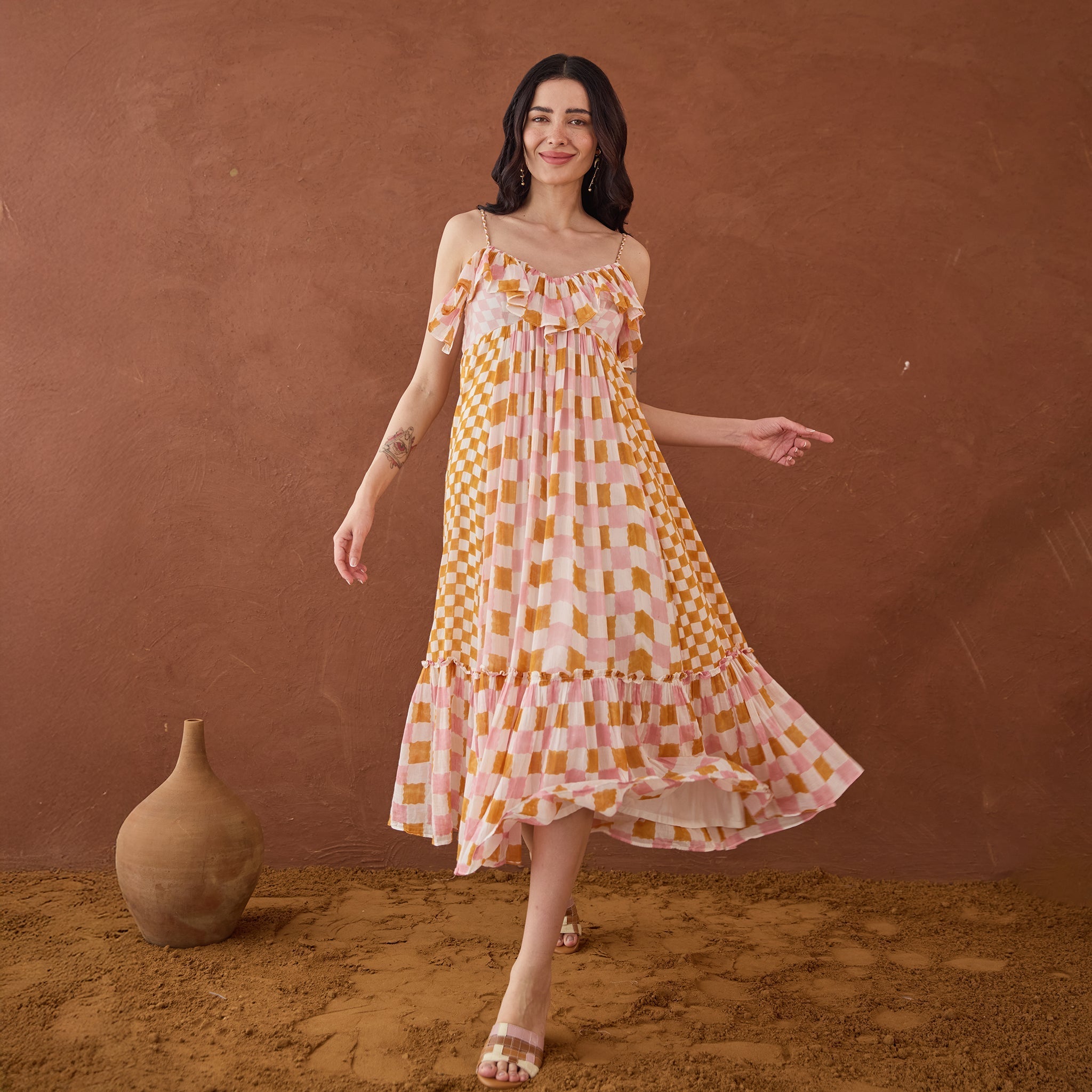 Summer Strokes at Kamakhyaa by Taro. This item is Artisan made, Cotton Mulmul, Handblock Printed, Orange, Sleeveless Dresses, Whispers of Summer by Taro