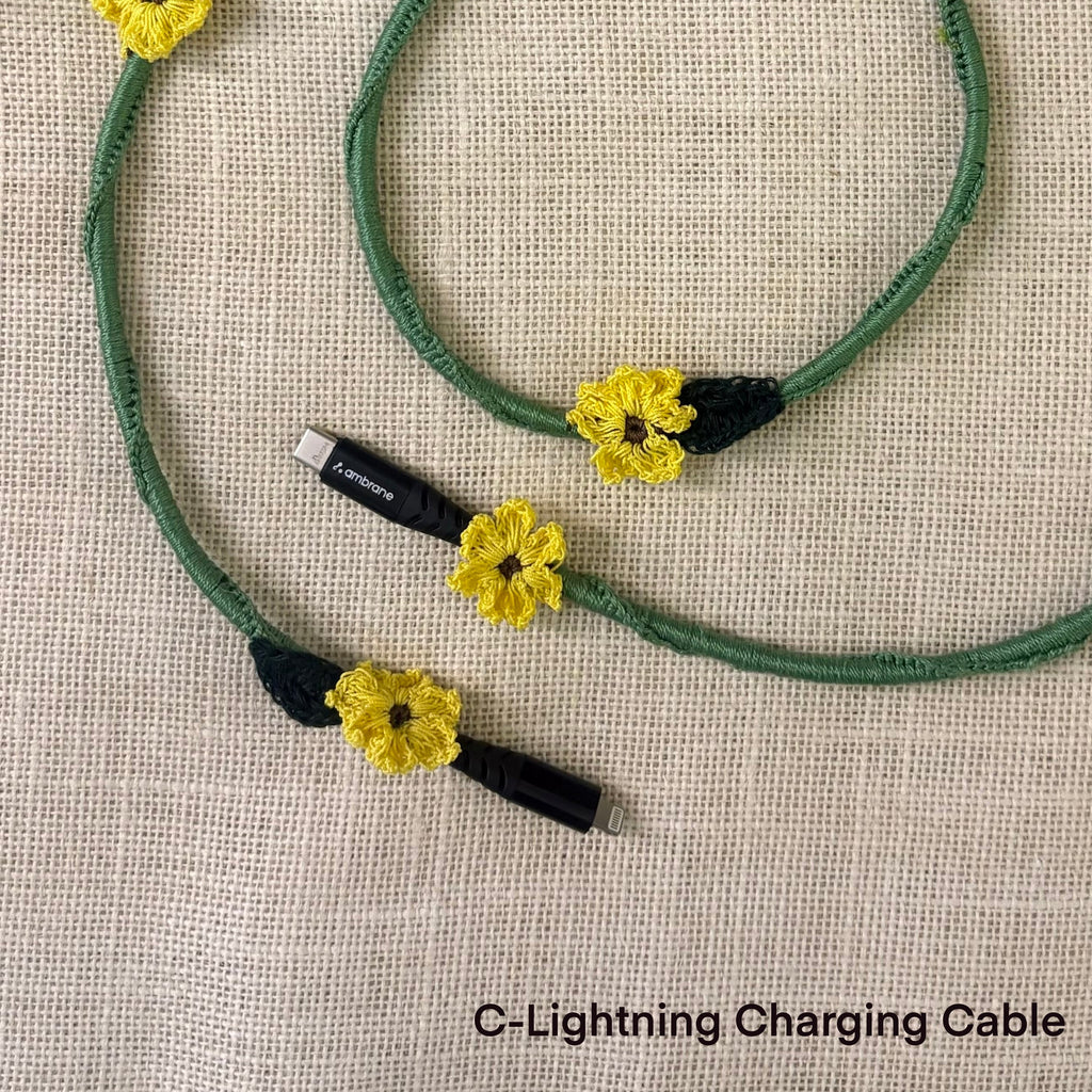 Sunflower Crochet Charging Cord C-Lightening Cable at Kamakhyaa by Ikriit'm. This item is Bloom by Ikriit'm, Crochet, Relaxed Fit, Under $50