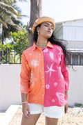 Sunset-Fade Button-Down at Kamakhyaa by anushé pirani. This item is Cotton, Moana, Orange, Pink, Recycled Cotton, Regular Fit, Resort Wear, Shibori Dyes, Tops, Under $150, Womenswear