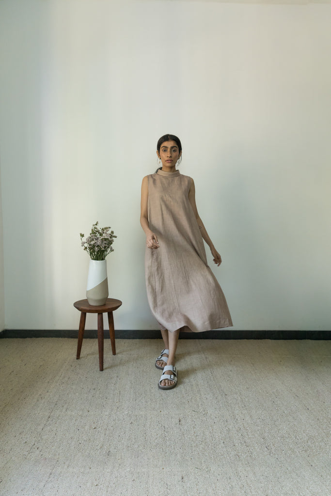 Sunset Rose A Line Dress by Anushé Pirani with Beige, Casual Wear, Cotton, Cotton Hemp, Handwoven, Hemp, Midi Dresses, Regular Fit, Shibumi Collection, Sleeveless Dresses, Solids, Womenswear at Kamakhyaa for sustainable fashion