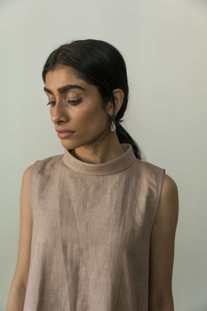 Sunset Rose A Line Dress by Anushé Pirani with Beige, Casual Wear, Cotton, Cotton Hemp, Handwoven, Hemp, Midi Dresses, Regular Fit, Shibumi Collection, Sleeveless Dresses, Solids, Womenswear at Kamakhyaa for sustainable fashion