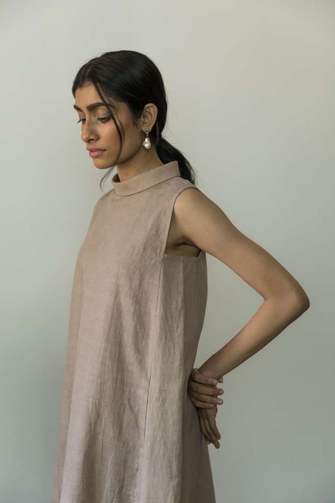Sunset Rose A Line Dress by Anushé Pirani with Beige, Casual Wear, Cotton, Cotton Hemp, Handwoven, Hemp, Midi Dresses, Regular Fit, Shibumi Collection, Sleeveless Dresses, Solids, Womenswear at Kamakhyaa for sustainable fashion