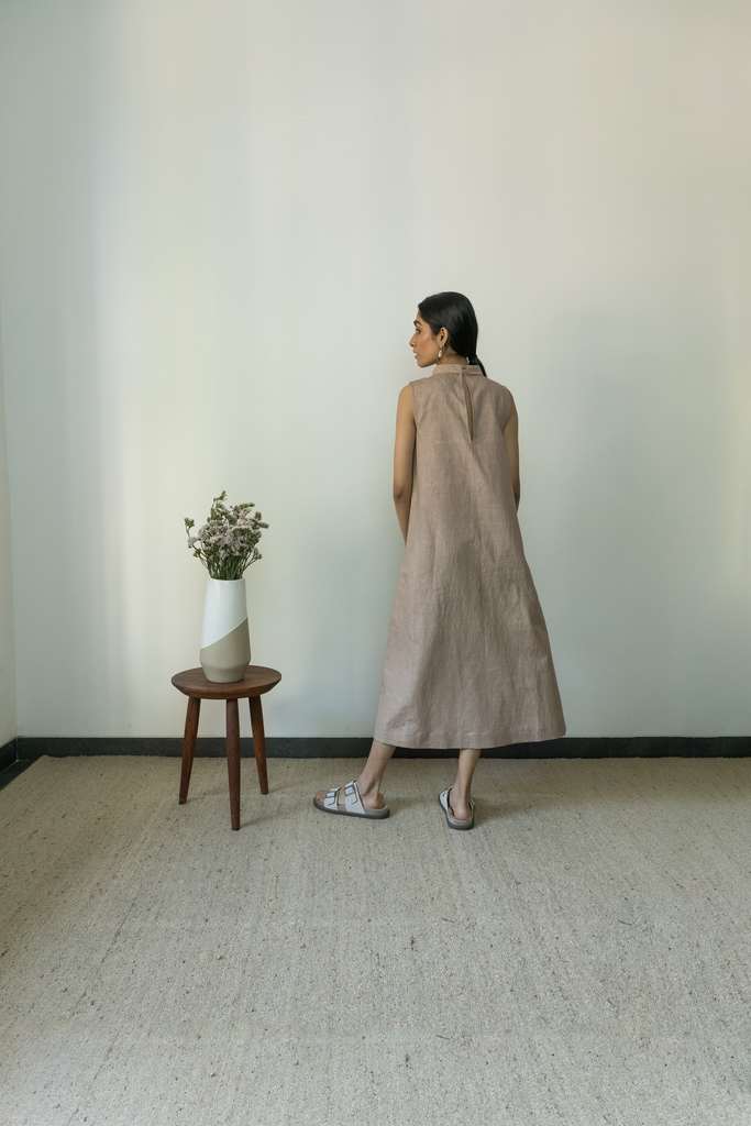 Sunset Rose A Line Dress by Anushé Pirani with Beige, Casual Wear, Cotton, Cotton Hemp, Handwoven, Hemp, Midi Dresses, Regular Fit, Shibumi Collection, Sleeveless Dresses, Solids, Womenswear at Kamakhyaa for sustainable fashion
