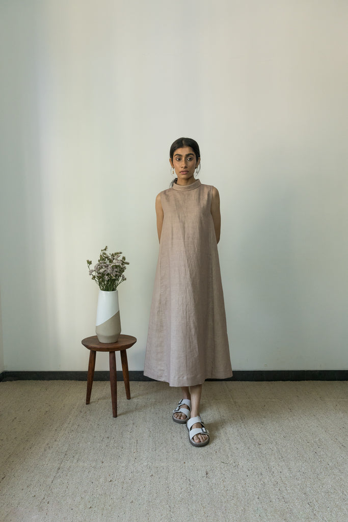 Sunset Rose A Line Dress by Anushé Pirani with Beige, Casual Wear, Cotton, Cotton Hemp, Handwoven, Hemp, Midi Dresses, Regular Fit, Shibumi Collection, Sleeveless Dresses, Solids, Womenswear at Kamakhyaa for sustainable fashion