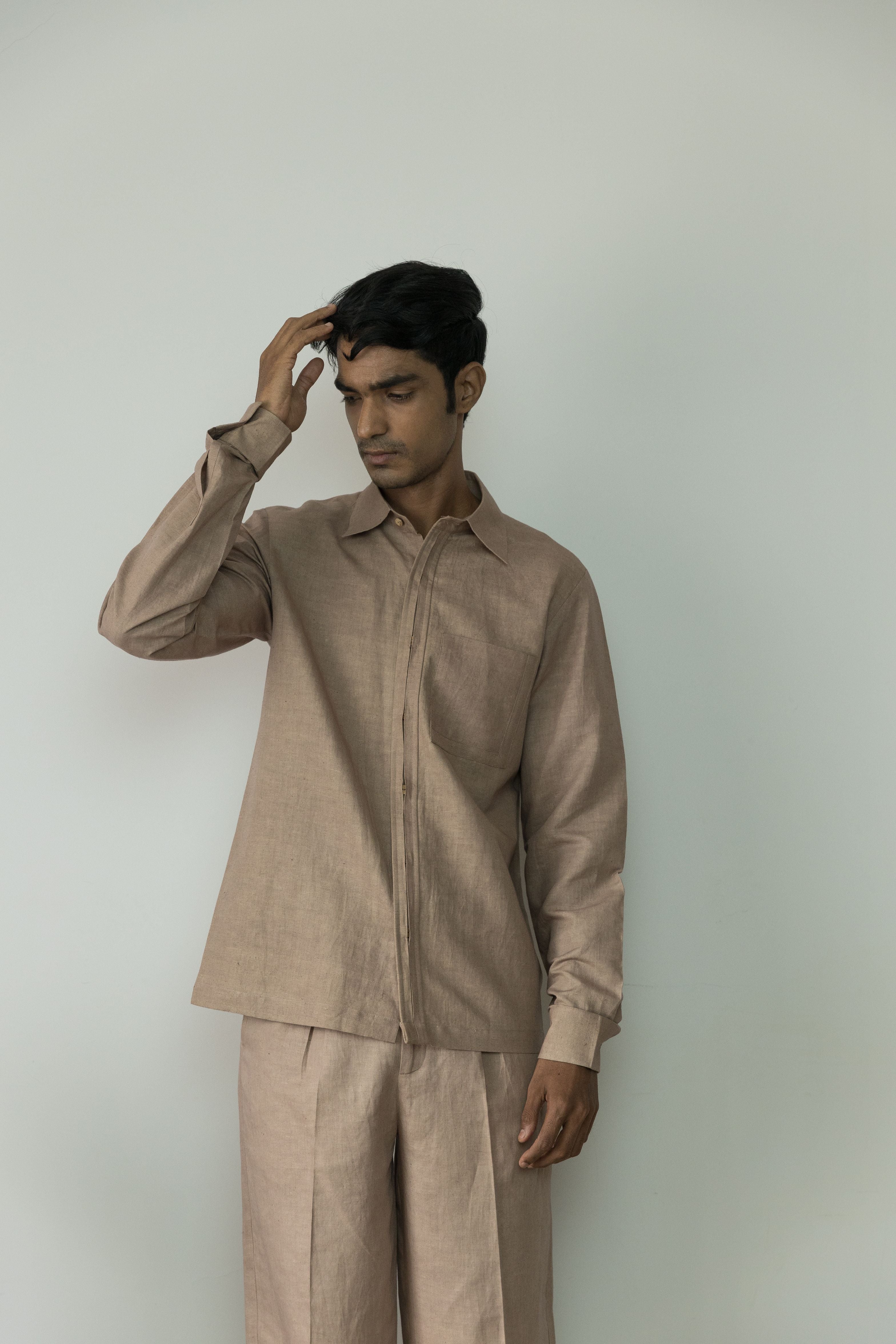Sunset Rose Cotton Shirts by Anushé Pirani with Beige, Casual Wear, Cotton, Cotton Hemp, For Him, Handwoven, Hemp, Menswear, Regular Fit, Shibumi Collection, Shirts, Solids, Tops at Kamakhyaa for sustainable fashion