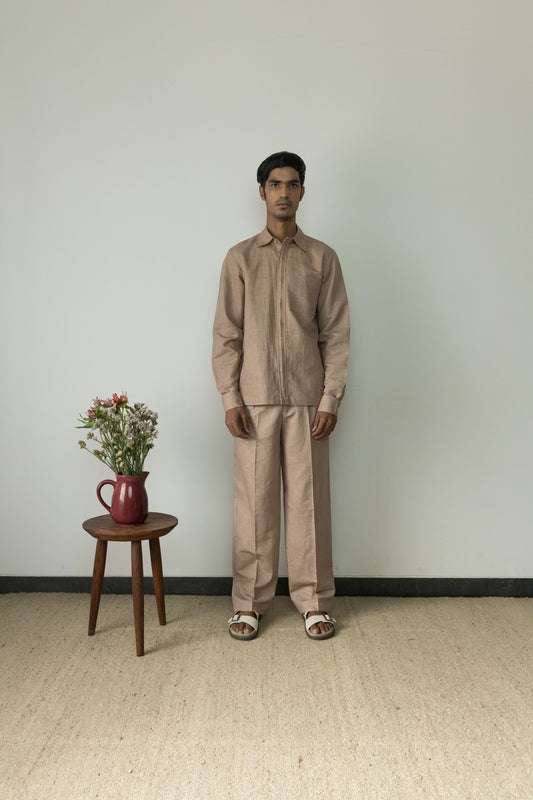 Sunset Rose Cotton Shirt at Kamakhyaa by Anushé Pirani. This item is Beige, Casual Wear, Cotton, Cotton Hemp, For Him, Handwoven, Hemp, Menswear, Regular Fit, Shibumi Collection, Shirts, Solids, Tops