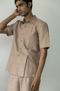 Sunset Rose Pleated Shirt by Anushé Pirani with Beige, Casual Wear, Cotton, Cotton Hemp, For Him, Handwoven, Hemp, Menswear, Regular Fit, Shibumi Collection, Shirts, Solids, Tops at Kamakhyaa for sustainable fashion