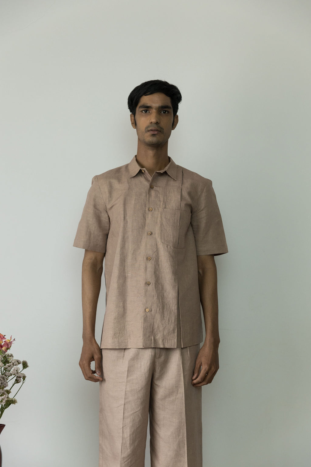 Sunset Rose Pleated Shirt by Anushé Pirani with Beige, Casual Wear, Cotton, Cotton Hemp, For Him, Handwoven, Hemp, Menswear, Regular Fit, Shibumi Collection, Shirts, Solids, Tops at Kamakhyaa for sustainable fashion