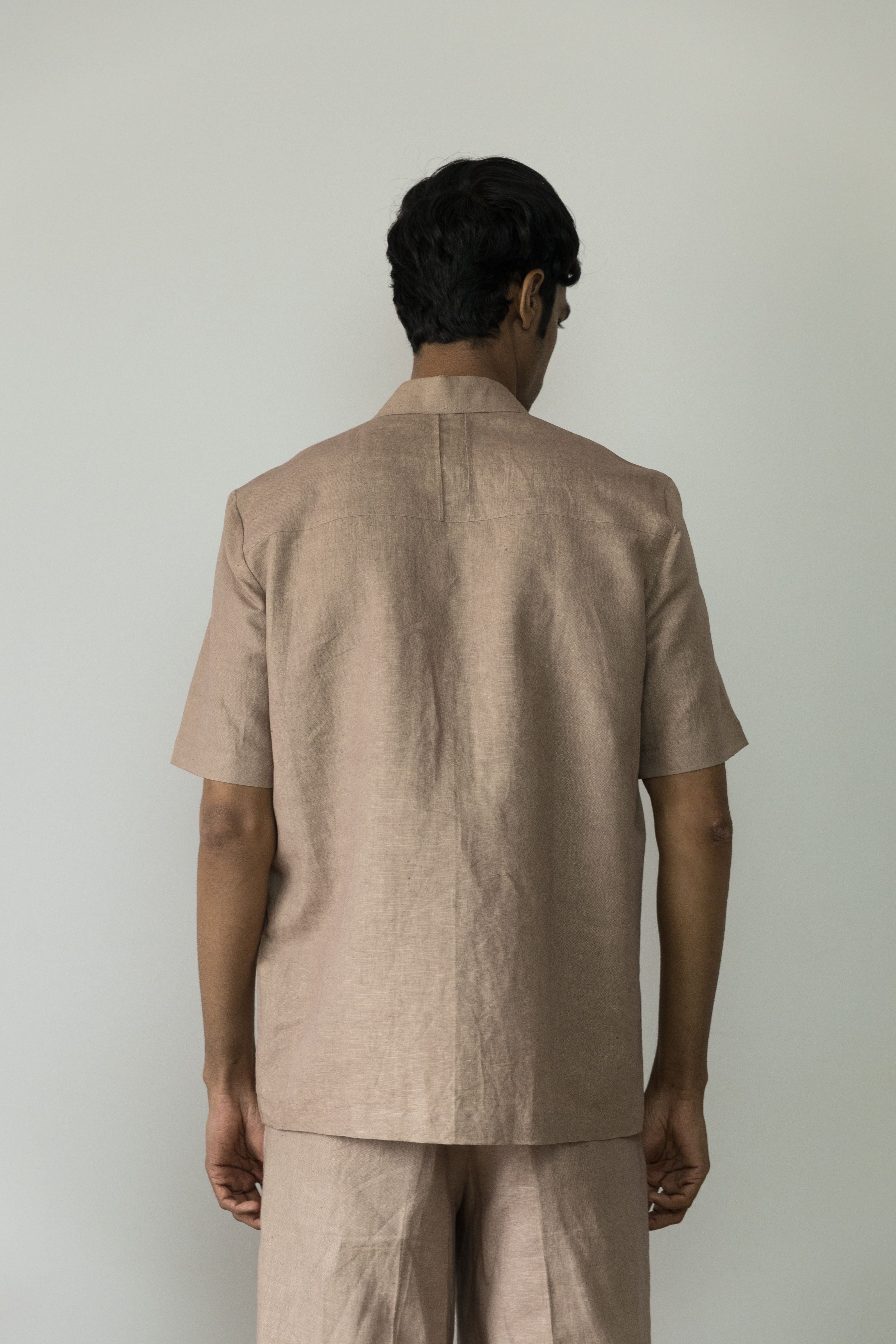 Sunset Rose Pleated Shirt by Anushé Pirani with Beige, Casual Wear, Cotton, Cotton Hemp, For Him, Handwoven, Hemp, Menswear, Regular Fit, Shibumi Collection, Shirts, Solids, Tops at Kamakhyaa for sustainable fashion