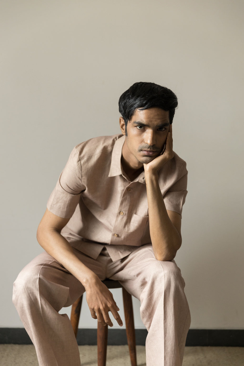 Sunset Rose Pleated Shirt by Anushé Pirani with Beige, Casual Wear, Cotton, Cotton Hemp, For Him, Handwoven, Hemp, Menswear, Regular Fit, Shibumi Collection, Shirts, Solids, Tops at Kamakhyaa for sustainable fashion