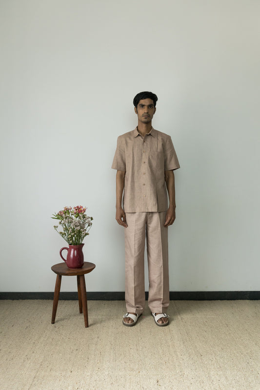 Sunset Rose Pleated Shirt at Kamakhyaa by Anushé Pirani. This item is Beige, Casual Wear, Cotton, Cotton Hemp, For Him, Handwoven, Hemp, Men Shirts, Menswear, Regular Fit, Shibumi by Anushe Pirani, Shirts, Solids, Tops