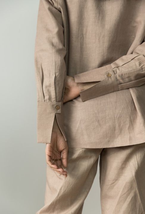 Sunset Rose Solid Shirt by Anushé Pirani with Beige, Casual Wear, Cotton, Cotton Hemp, Handwoven, Hemp, Regular Fit, Shibumi Collection, Shirts, Solids, Womenswear at Kamakhyaa for sustainable fashion