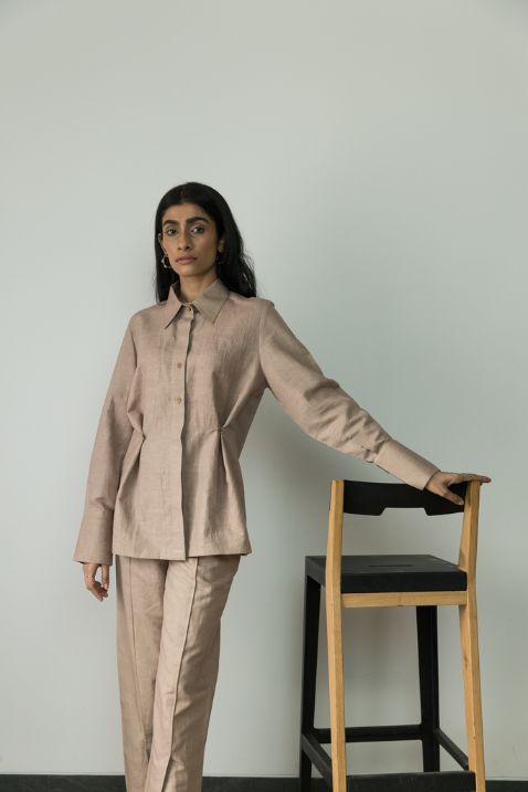Sunset Rose Solid Shirt by Anushé Pirani with Beige, Casual Wear, Cotton, Cotton Hemp, Handwoven, Hemp, Regular Fit, Shibumi Collection, Shirts, Solids, Womenswear at Kamakhyaa for sustainable fashion
