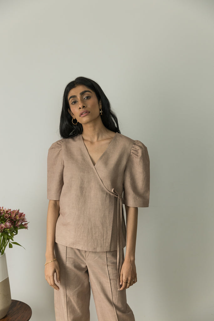 Sunset Rose Wrap Top at kamakhyaa.com by Anushé Pirani. This item is Beige, Casual Wear, Console Collection List, Cotton, Cotton Hemp, Handwoven, Hemp, Regular Fit, Shibumi by Anushe Pirani, Solids, Womenswear, Wrap Tops