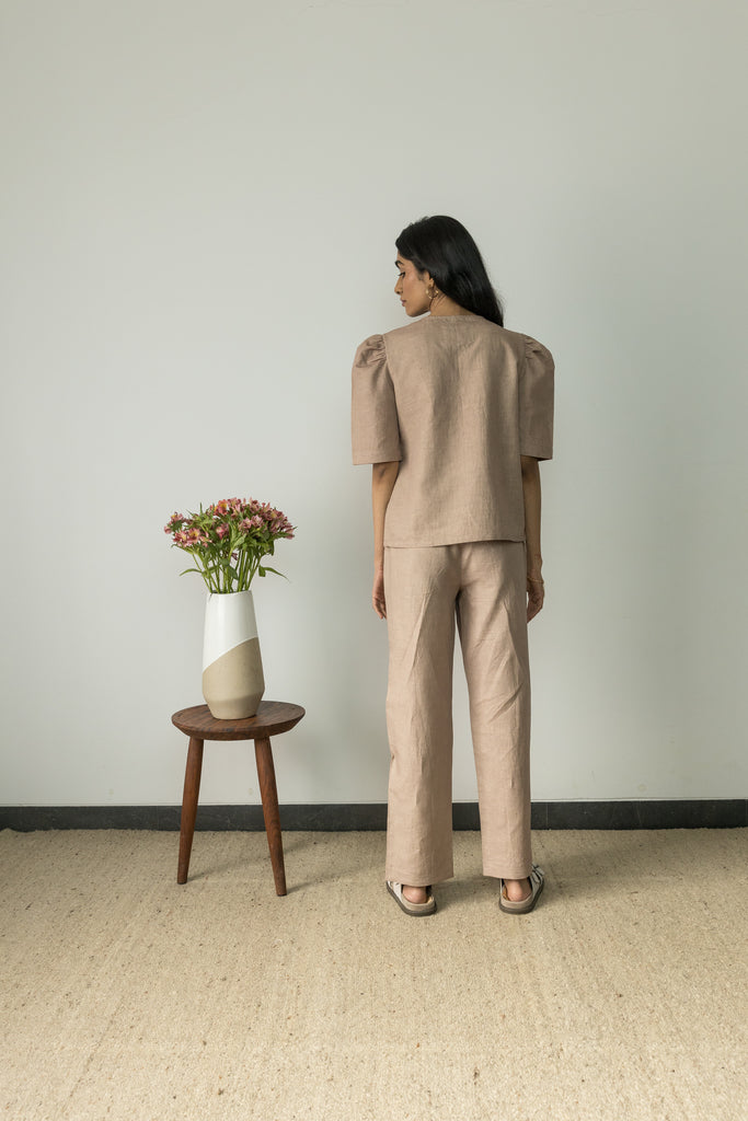 Sunset Rose Wrap Top at kamakhyaa.com by Anushé Pirani. This item is Beige, Casual Wear, Console Collection List, Cotton, Cotton Hemp, Handwoven, Hemp, Regular Fit, Shibumi by Anushe Pirani, Solids, Womenswear, Wrap Tops
