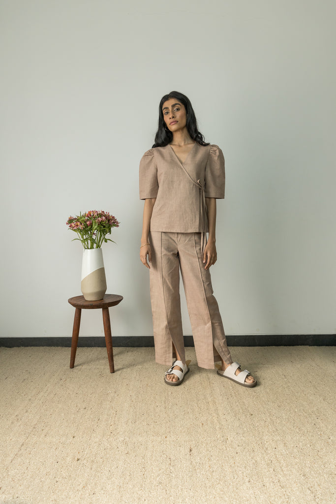Sunset Rose Wrap Top at Kamakhyaa by Anushé Pirani. This item is Beige, Casual Wear, Cotton, Cotton Hemp, Handwoven, Hemp, Regular Fit, Shibumi by Anushe Pirani, Solids, Womenswear, Wrap Tops