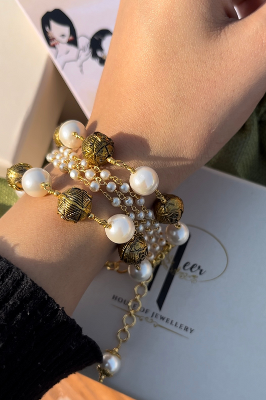 Suvarna Bracelet White at Kamakhyaa by House Of Heer. This item is Alloy Metal, Bracelets, Festive Wear, Free Size, jewelry, Multicolor, Natural, rakhis & lumbas, Textured