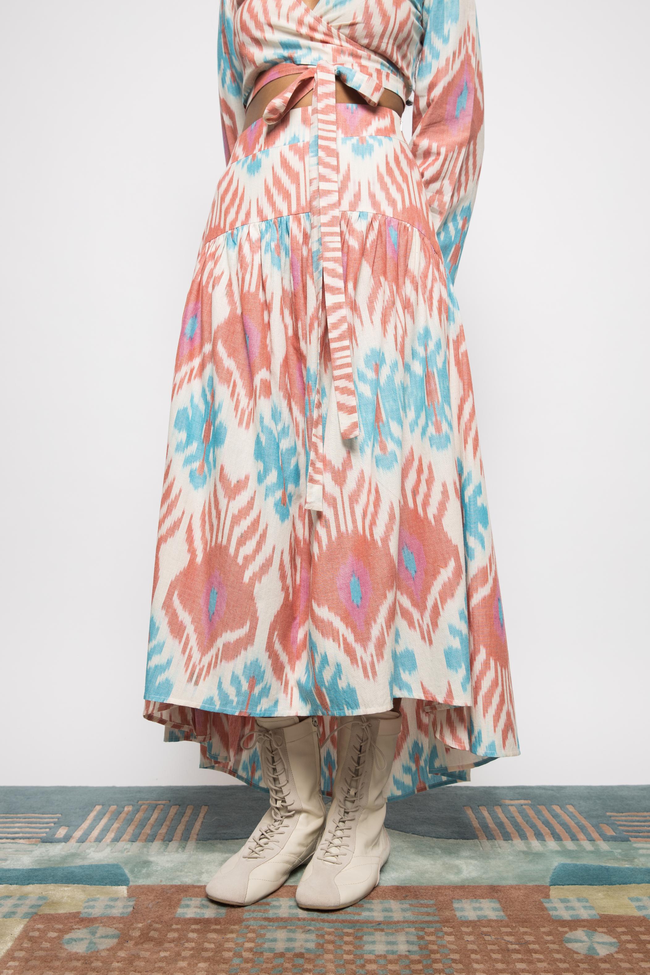 Swing & Sway Skirt at kamakhyaa.com by Anushé Pirani. This item is 100% Cotton, Beach Wear, Brunch Wear, Casual Wear, Console Collection List, Cotton, Fresh Ink by Anushe Pirani, Handwoven cotton, Ikat Prints, Multicolor, Regular Fit, Resort Wear, Vacation Wear, Womenswear