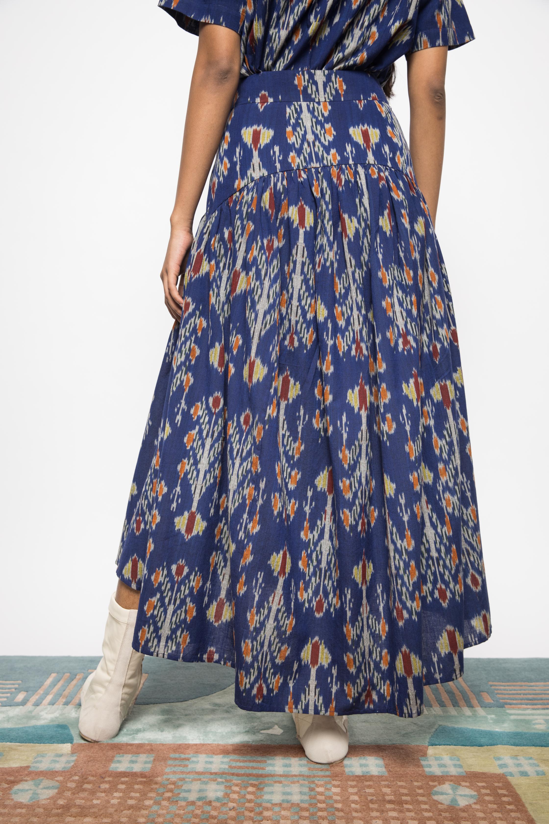 Swing & Sway Skirt at kamakhyaa.com by Anushé Pirani. This item is 100% Cotton, Beach Wear, Blue, Brunch Wear, Casual Wear, Console Collection List, Cotton, Fresh Ink by Anushe Pirani, Handwoven cotton, Ikat Prints, Regular Fit, Resort Wear, Royal Blue, Vacation Wear, Womenswear