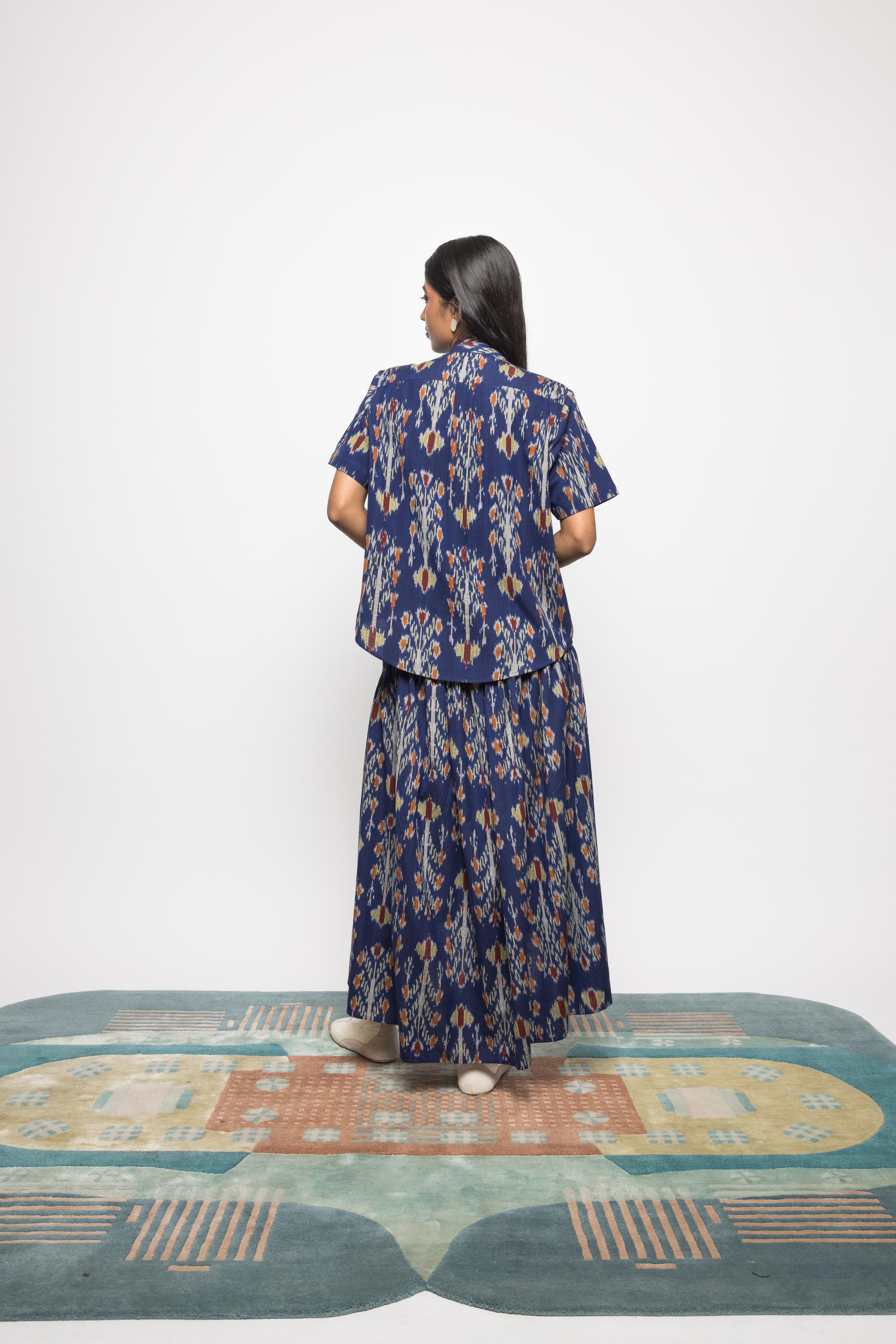 Swing & Sway Skirt at kamakhyaa.com by Anushé Pirani. This item is 100% Cotton, Beach Wear, Blue, Brunch Wear, Casual Wear, Console Collection List, Cotton, Fresh Ink by Anushe Pirani, Handwoven cotton, Ikat Prints, Regular Fit, Resort Wear, Royal Blue, Vacation Wear, Womenswear
