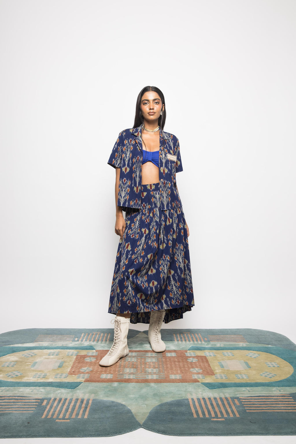 Swing & Sway Skirt at kamakhyaa.com by Anushé Pirani. This item is 100% Cotton, Beach Wear, Blue, Brunch Wear, Casual Wear, Console Collection List, Cotton, Fresh Ink by Anushe Pirani, Handwoven cotton, Ikat Prints, Regular Fit, Resort Wear, Royal Blue, Vacation Wear, Womenswear