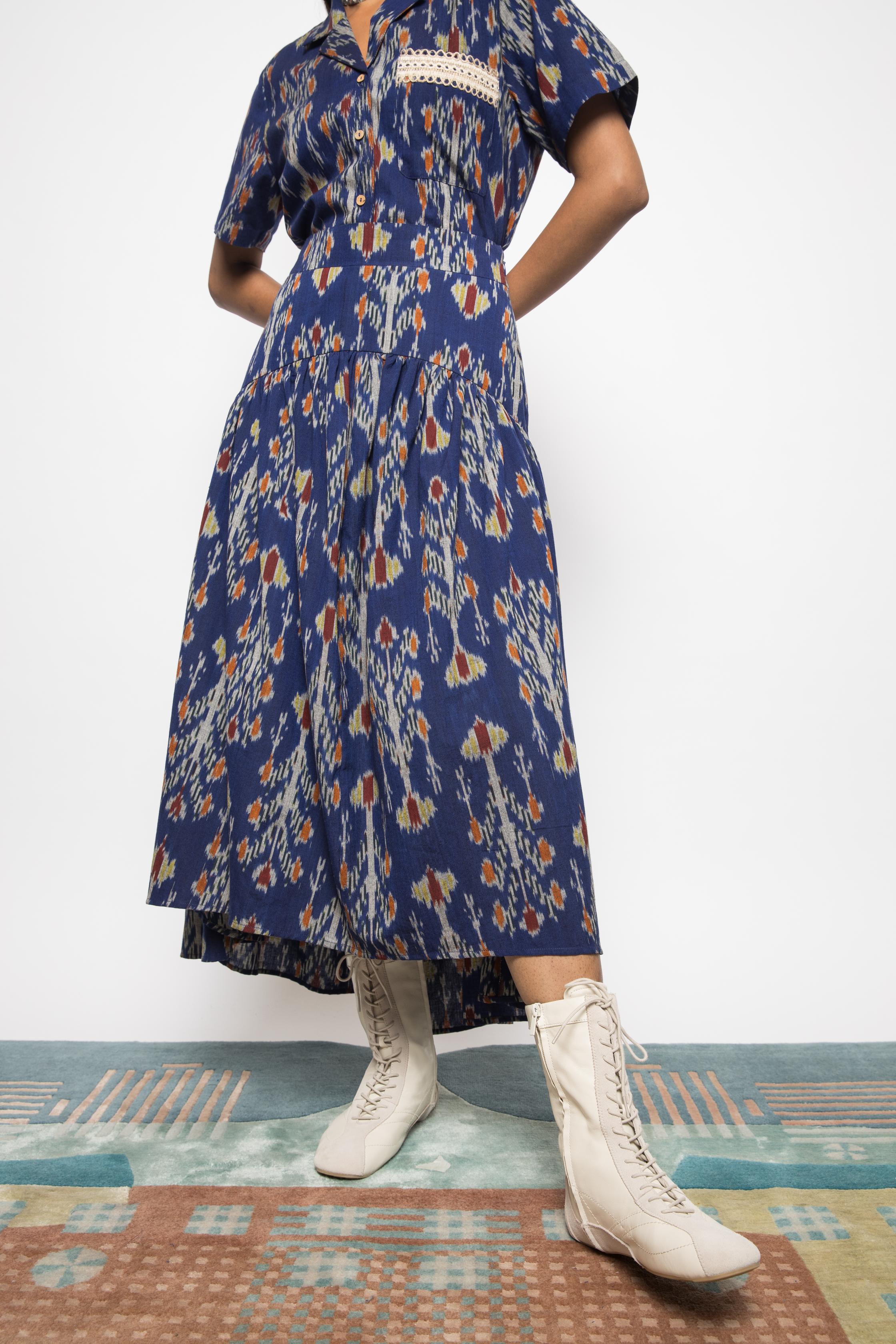 Swing & Sway Skirt at kamakhyaa.com by Anushé Pirani. This item is 100% Cotton, Beach Wear, Blue, Brunch Wear, Casual Wear, Console Collection List, Cotton, Fresh Ink by Anushe Pirani, Handwoven cotton, Ikat Prints, Regular Fit, Resort Wear, Royal Blue, Vacation Wear, Womenswear