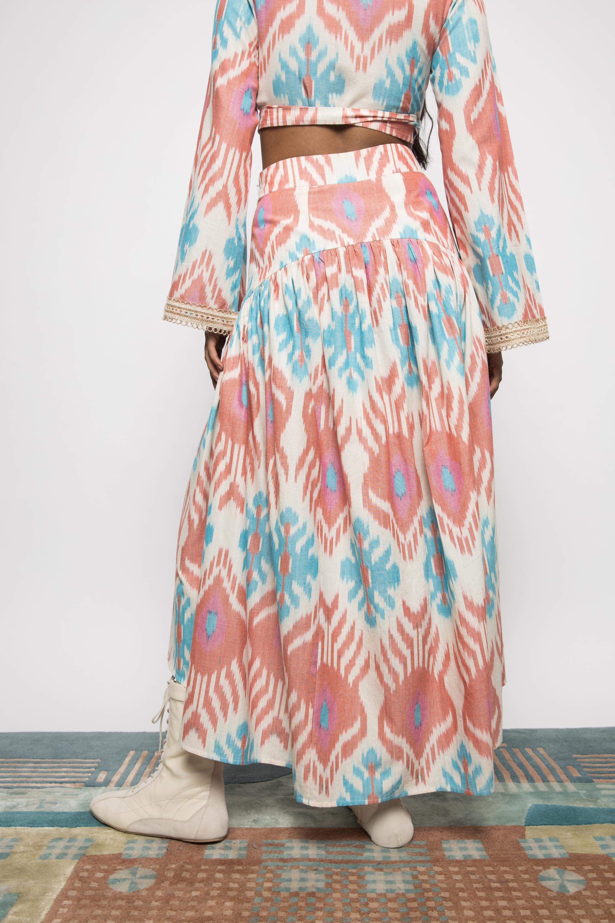 Swing & Sway Skirt at kamakhyaa.com by Anushé Pirani. This item is 100% Cotton, Beach Wear, Brunch Wear, Casual Wear, Console Collection List, Cotton, Fresh Ink by Anushe Pirani, Handwoven cotton, Ikat Prints, Multicolor, Regular Fit, Resort Wear, Vacation Wear, Womenswear