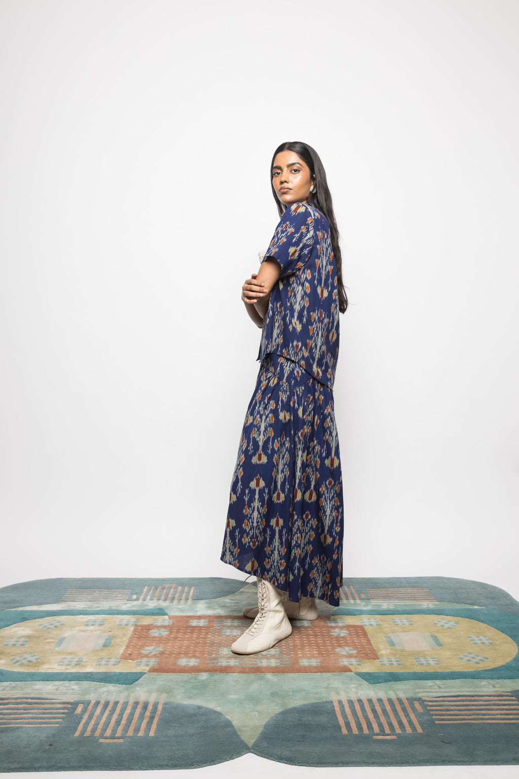 Swing & Sway Skirt at kamakhyaa.com by Anushé Pirani. This item is 100% Cotton, Beach Wear, Blue, Brunch Wear, Casual Wear, Console Collection List, Cotton, Fresh Ink by Anushe Pirani, Handwoven cotton, Ikat Prints, Regular Fit, Resort Wear, Royal Blue, Vacation Wear, Womenswear