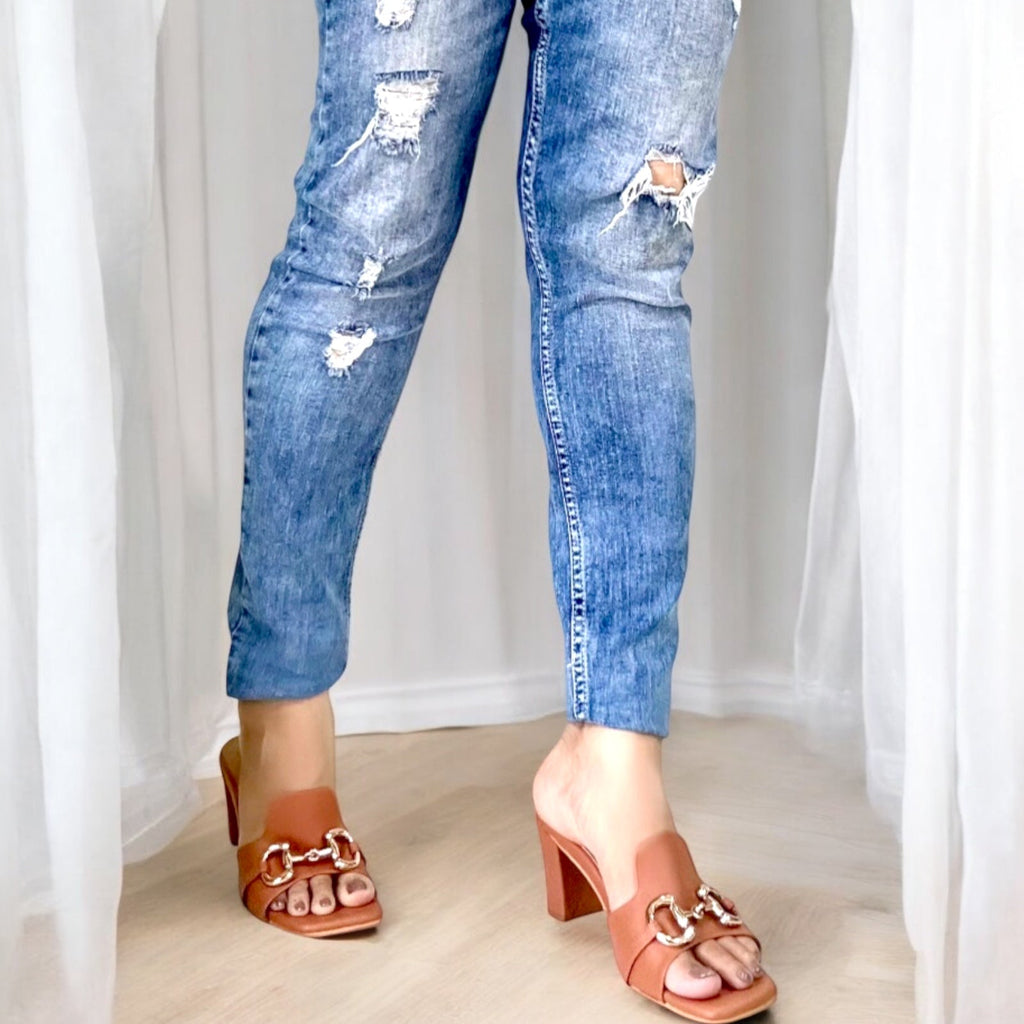 Tan Chain Mules at Kamakhyaa by EK_agga. This item is Brown, Brunch Wear Footwear, heels, missing, Mules, Open Toes Footwear, Square Toe Footwear, stylish, Tan, Under $50