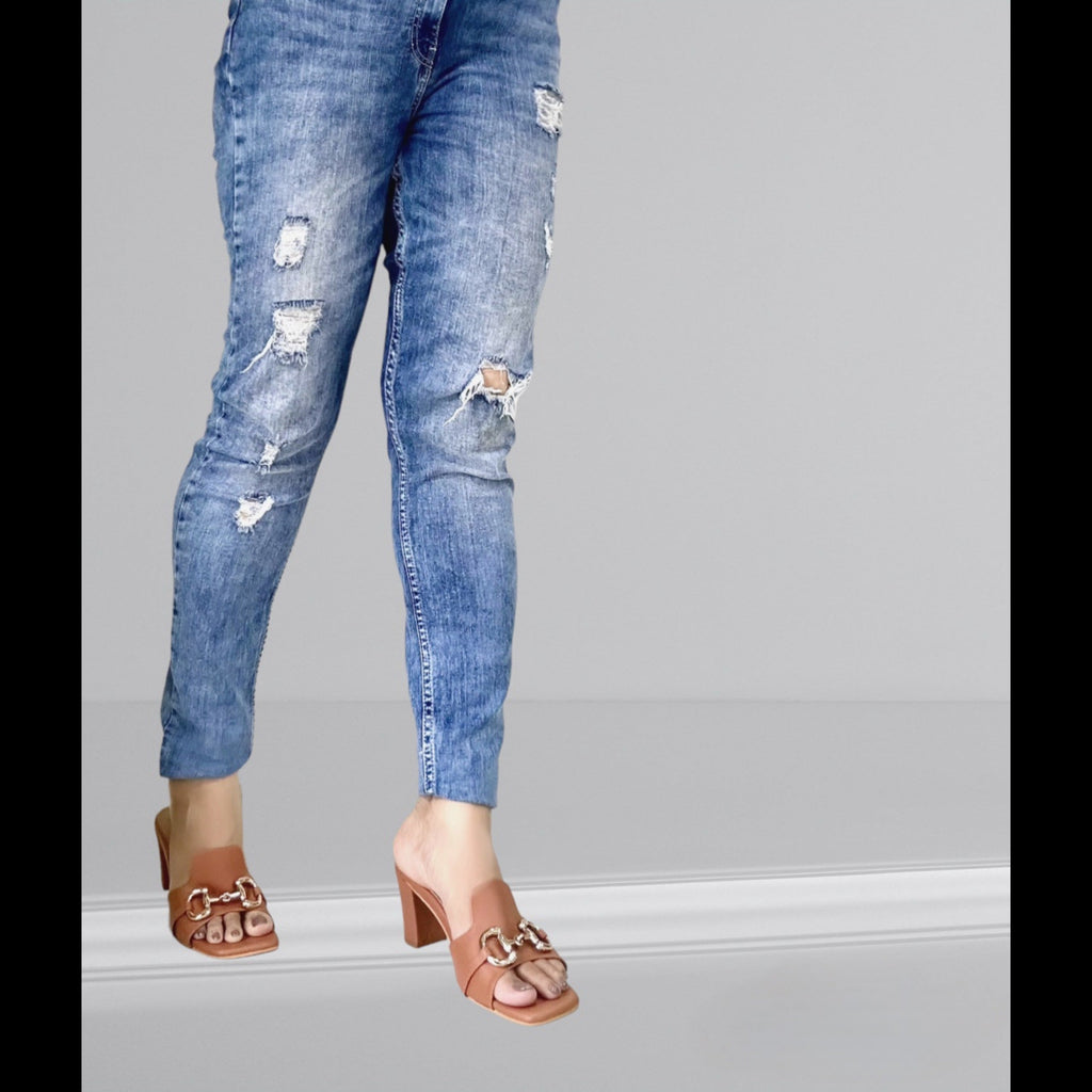 Tan Chain Mules at Kamakhyaa by EK_agga. This item is Brown, Brunch Wear Footwear, heels, missing, Mules, Open Toes Footwear, Square Toe Footwear, stylish, Tan, Under $50