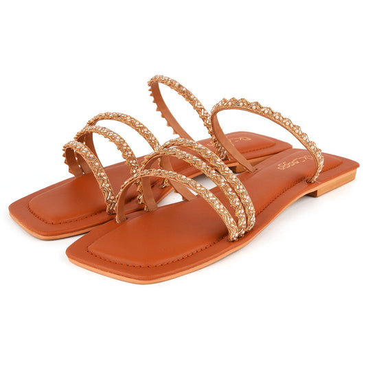 Tan Embroidered Strappy Flats at Kamakhyaa by EK_agga. This item is Brown, Eid Special, Embroidered, Festive Wear, Flats, Janmashtami, Less than $50, Party Wear, Patent leather, Square Toe Footwear, Vegan