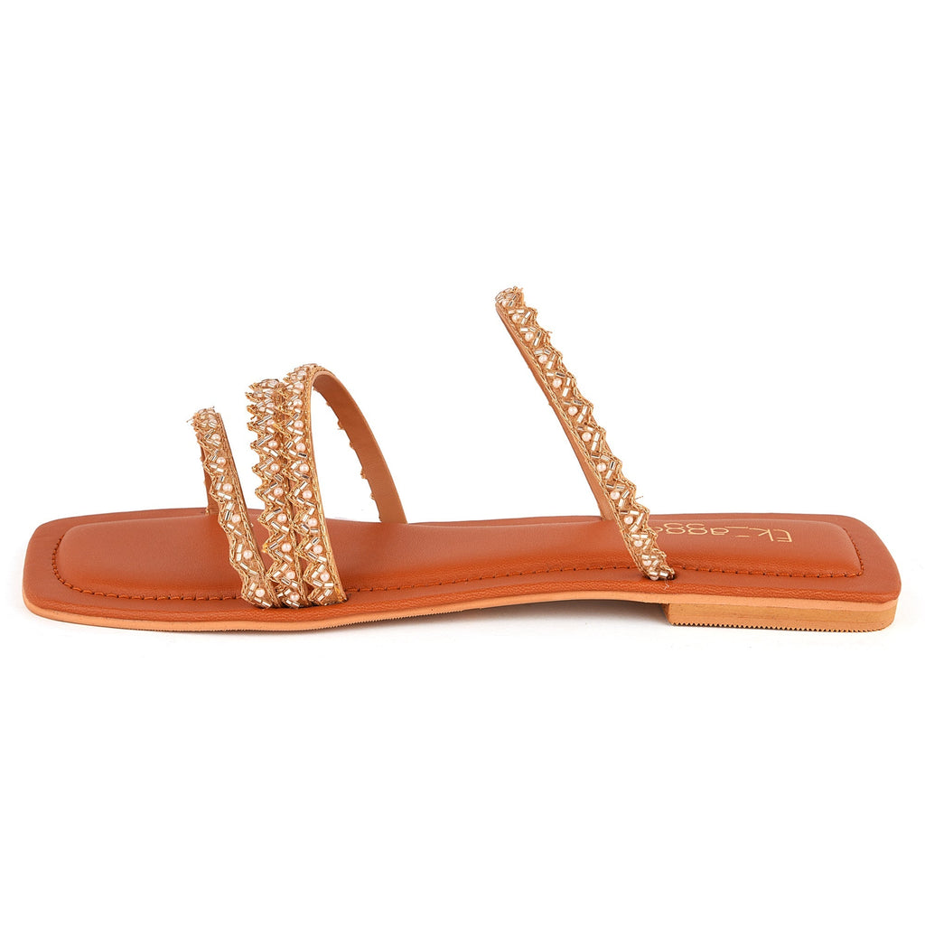 Tan Embroidered Strappy Flats at Kamakhyaa by EK_agga. This item is Brown, Eid Special, Embroidered, Festive Wear, Flats, Janmashtami, Less than $50, Party Wear, Patent leather, Square Toe Footwear, Vegan