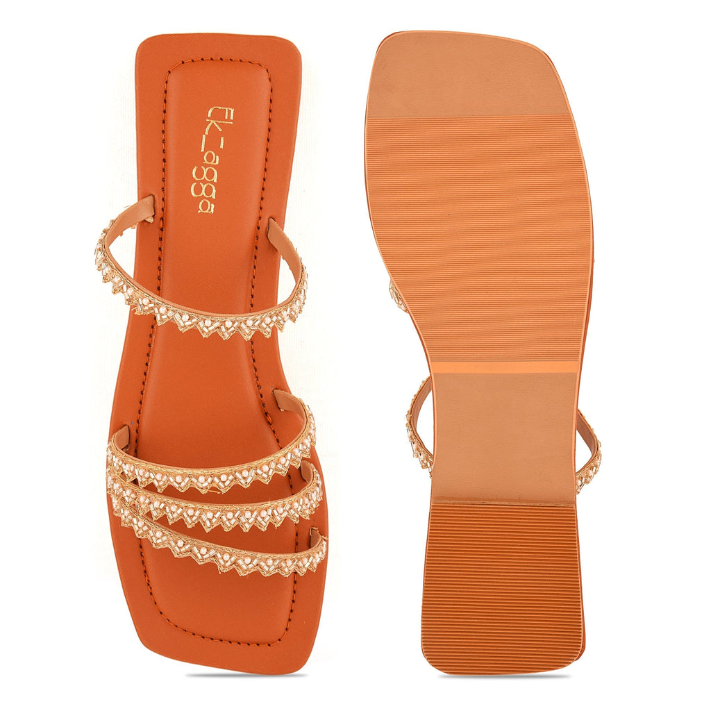 Tan Embroidered Strappy Flats at Kamakhyaa by EK_agga. This item is Brown, Eid Special, Embroidered, Festive Wear, Flats, Janmashtami, Less than $50, Party Wear, Patent leather, Square Toe Footwear, Vegan