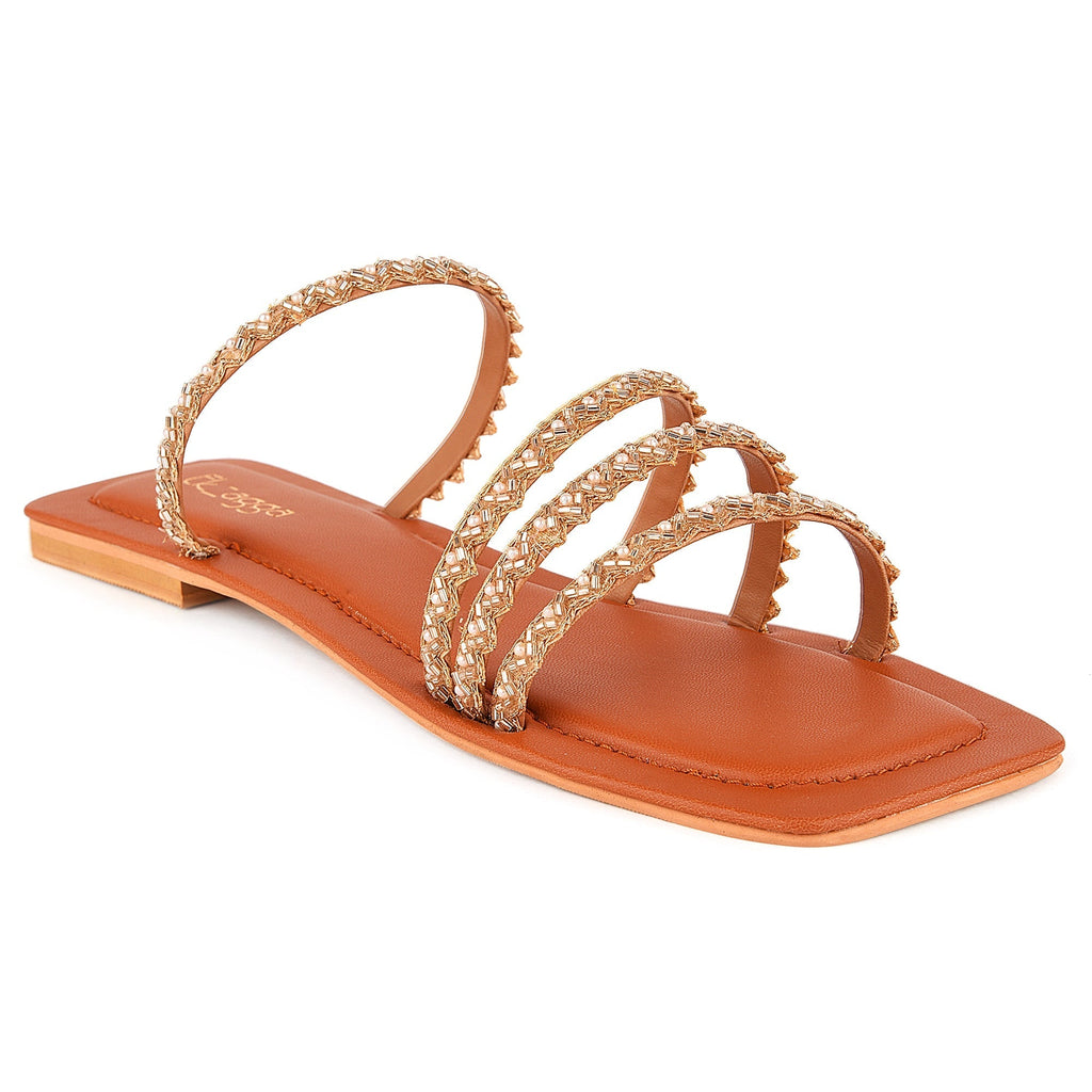 Tan Embroidered Strappy Flats at Kamakhyaa by EK_agga. This item is Brown, Eid Special, Embroidered, Festive Wear, Flats, Janmashtami, Less than $50, Party Wear, Patent leather, Square Toe Footwear, Vegan