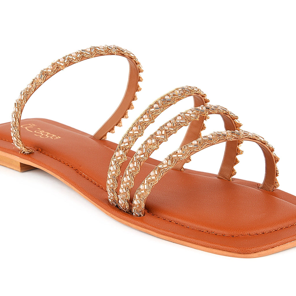 Tan Embroidered Strappy Flats at Kamakhyaa by EK_agga. This item is Brown, Eid Special, Embroidered, Festive Wear, Flats, Janmashtami, Less than $50, Party Wear, Patent leather, Square Toe Footwear, Vegan