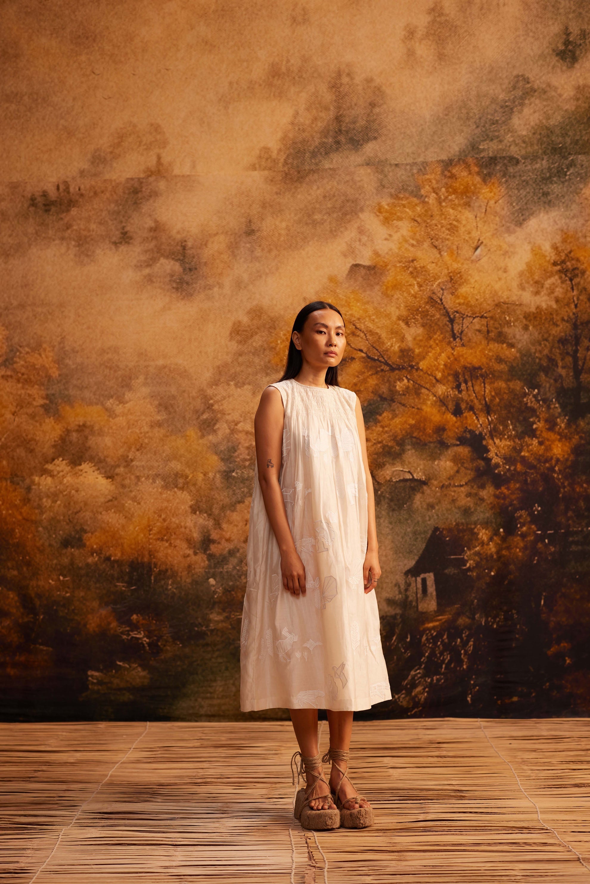 Tani-Ori Applique Ruching Dress at Kamakhyaa by Ahmev. This item is Applique Work, Cotton Silk, Dress, Ivory, Maximum Minimum by Ahmev, Relaxed Fit, Womenswear