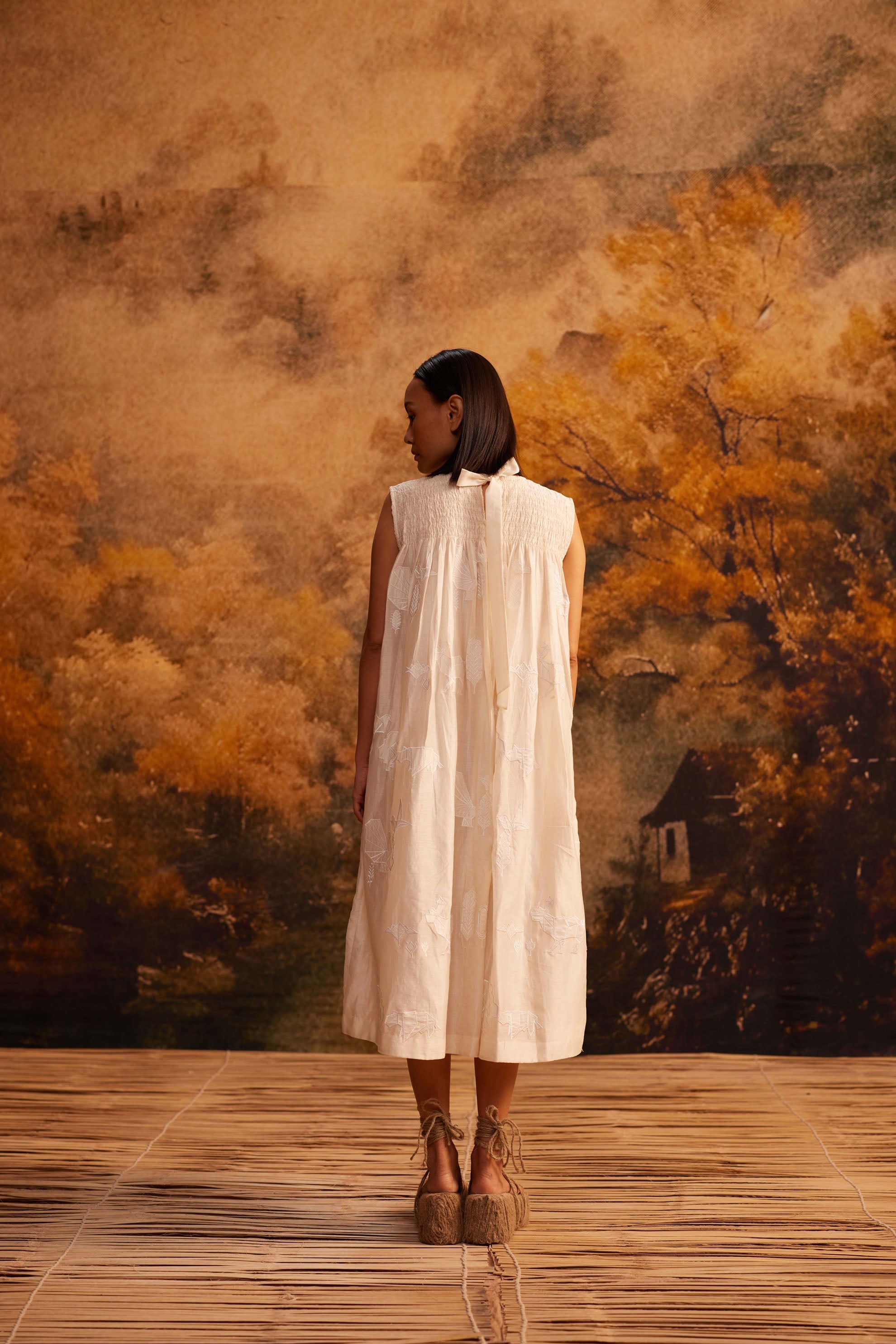 Tani-Ori Applique Ruching Dress at Kamakhyaa by Ahmev. This item is Applique Work, Cotton Silk, Dress, Ivory, Maximum Minimum by Ahmev, Relaxed Fit, Womenswear