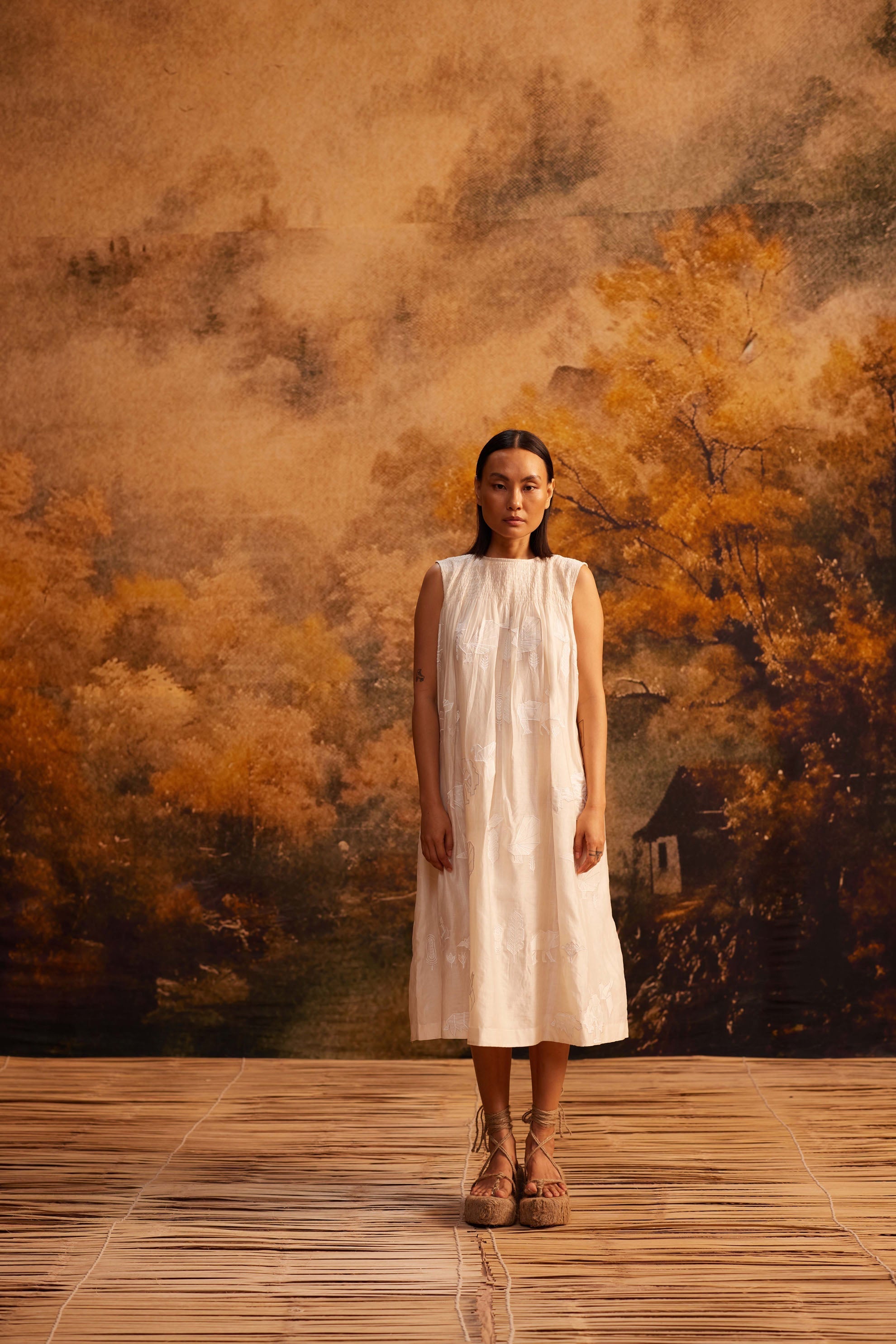 Tani-Ori Applique Ruching Dress at Kamakhyaa by Ahmev. This item is Applique Work, Cotton Silk, Dress, Ivory, Maximum Minimum by Ahmev, Relaxed Fit, Womenswear