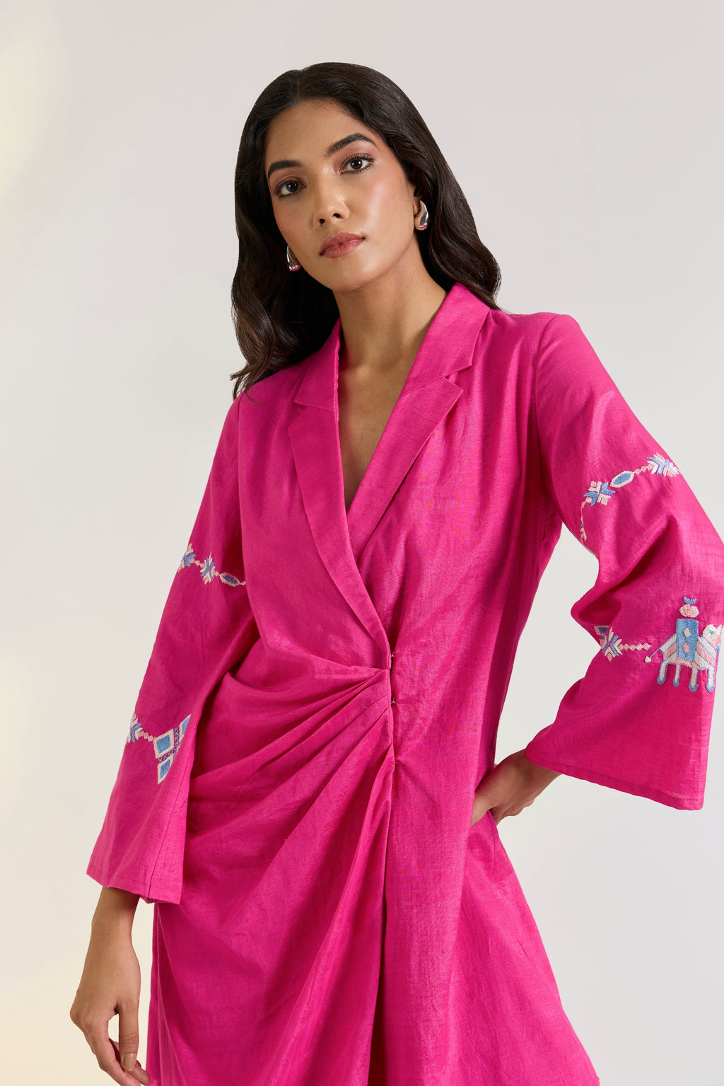 Tencel Khadi Mira Jacket Dress at Kamakhyaa by Ewoke. This item is embroided pink dress, Hot Pink, Khadi Tencel, Missing image, Nostalgia's Thread by Ewoke, pink dress, sustainable fashion, Tencel Khadi