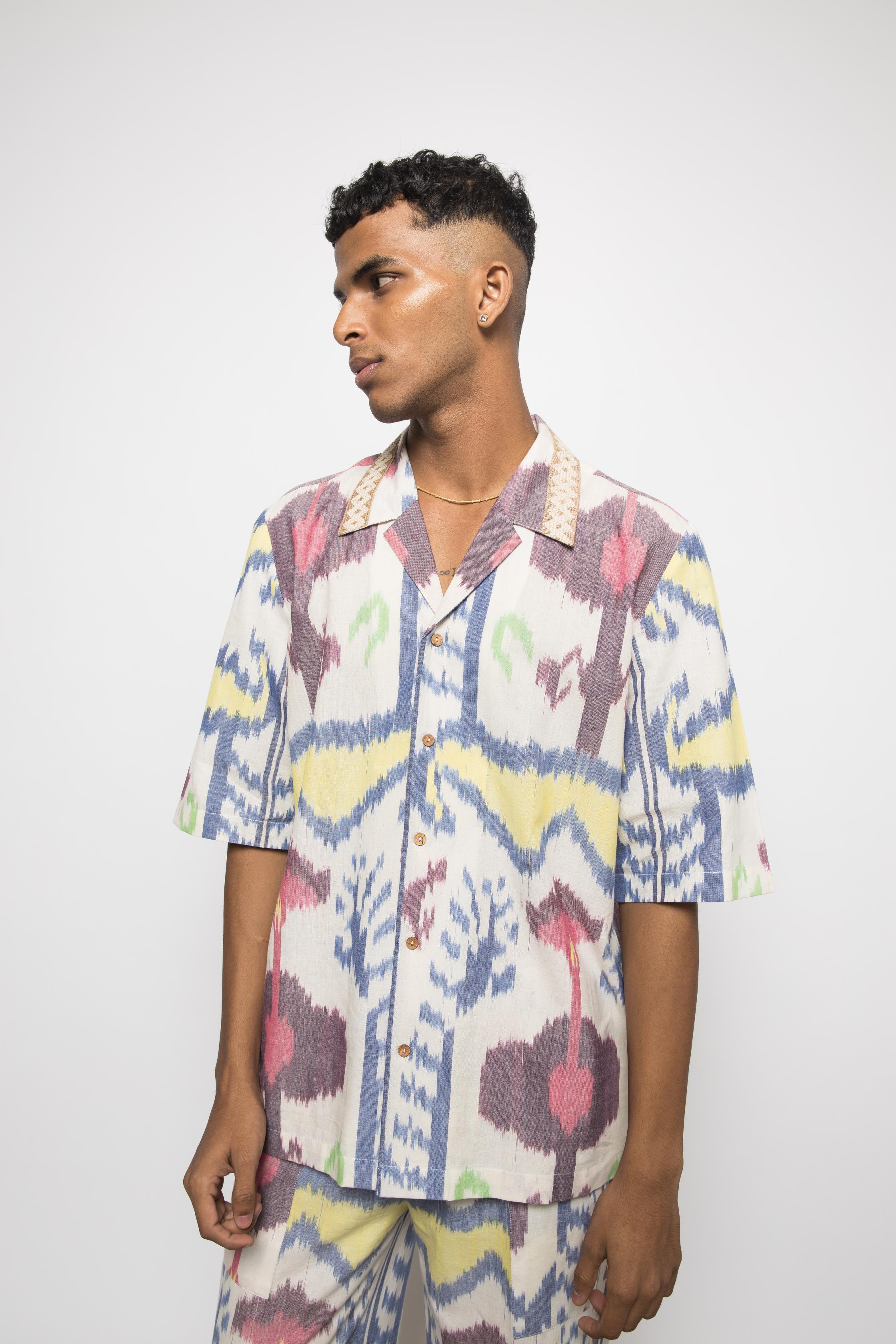 The Breakfast Shirt at kamakhyaa.com by Anushé Pirani. This item is 100% Cotton, Beach Wear, Brunch Wear, Casual Wear, Console Collection List, Cotton, Fresh Ink by Anushe Pirani, Handwoven cotton, Ikat Prints, Menswear, Multicolor, Regular Fit, Resort Wear, Vacation Wear