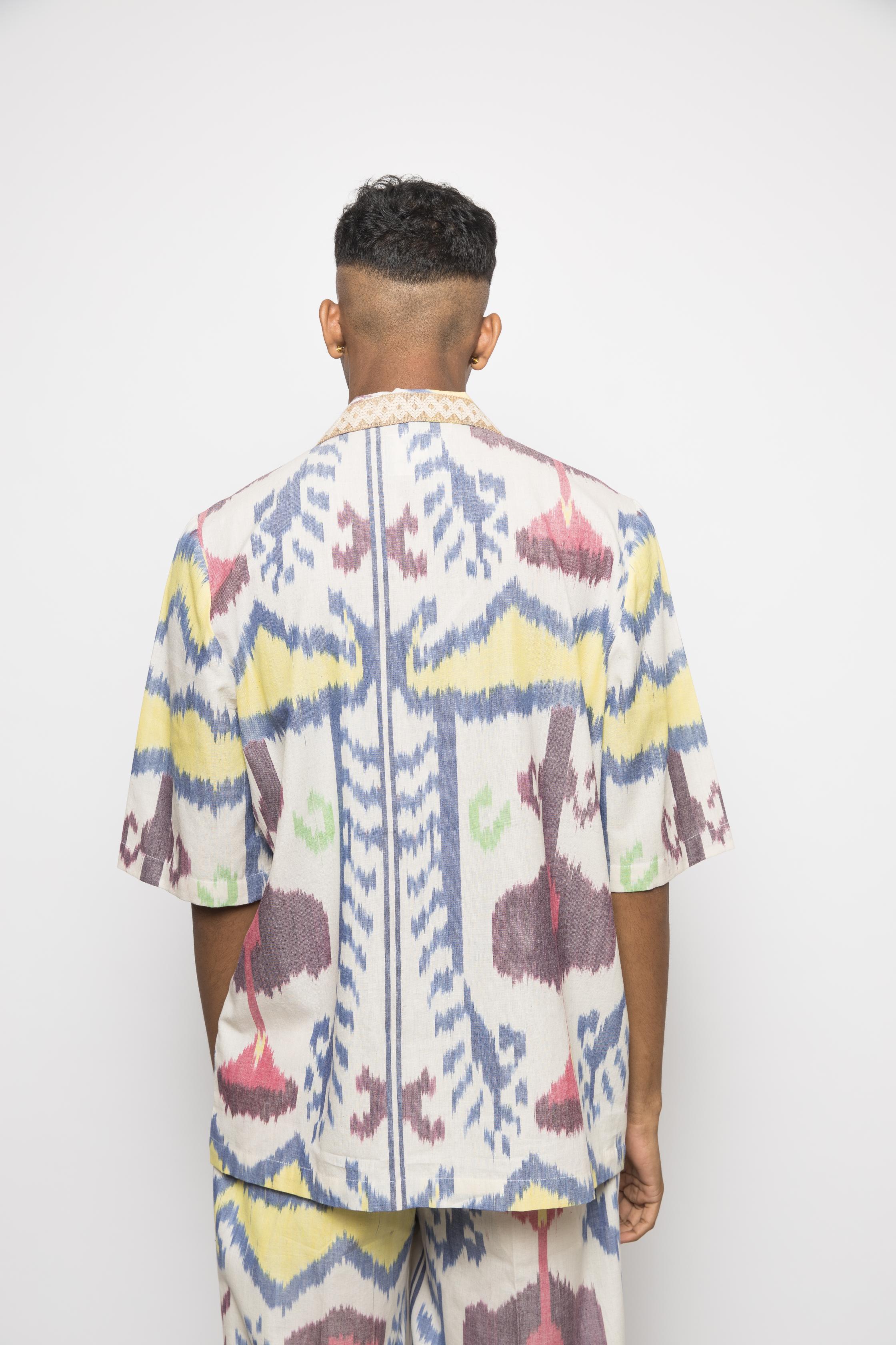 The Breakfast Shirt at kamakhyaa.com by Anushé Pirani. This item is 100% Cotton, Beach Wear, Brunch Wear, Casual Wear, Console Collection List, Cotton, Fresh Ink by Anushe Pirani, Handwoven cotton, Ikat Prints, Menswear, Multicolor, Regular Fit, Resort Wear, Vacation Wear