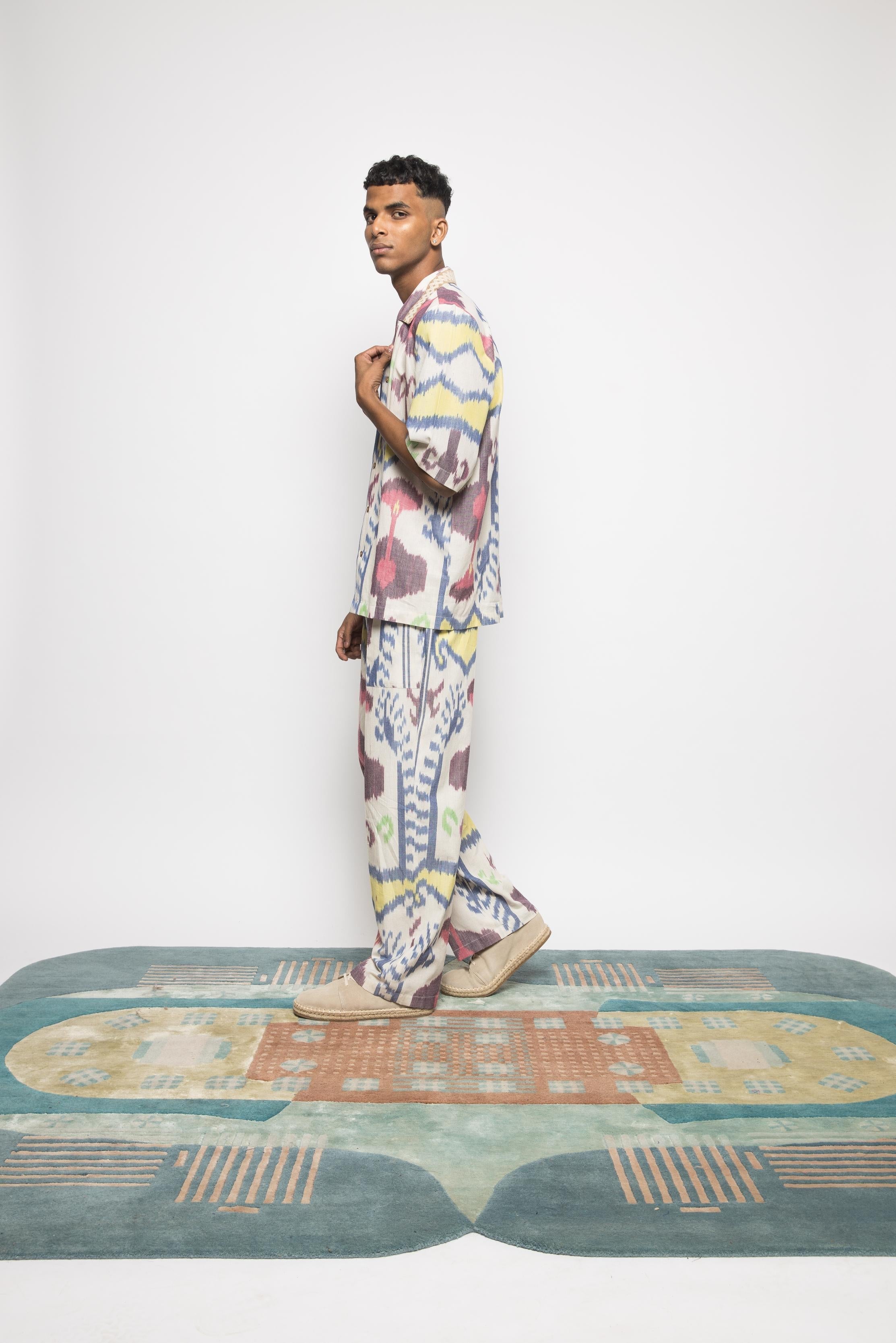 The Breakfast Shirt at kamakhyaa.com by Anushé Pirani. This item is 100% Cotton, Beach Wear, Brunch Wear, Casual Wear, Console Collection List, Cotton, Fresh Ink by Anushe Pirani, Handwoven cotton, Ikat Prints, Menswear, Multicolor, Regular Fit, Resort Wear, Vacation Wear