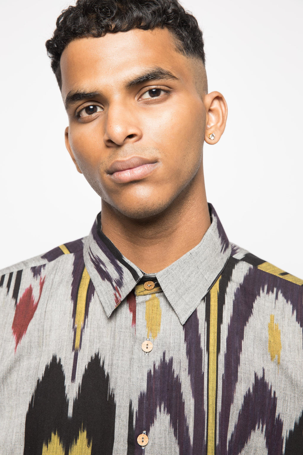 The Minimalist Shirt at kamakhyaa.com by Anushé Pirani. This item is 100% Cotton, Beach Wear, Casual Wear, Console Collection List, Cotton, Evening Wear, Fresh Ink by Anushe Pirani, Grey, Handwoven cotton, Ikat Prints, Menswear, Regular Fit, Vacation Wear
