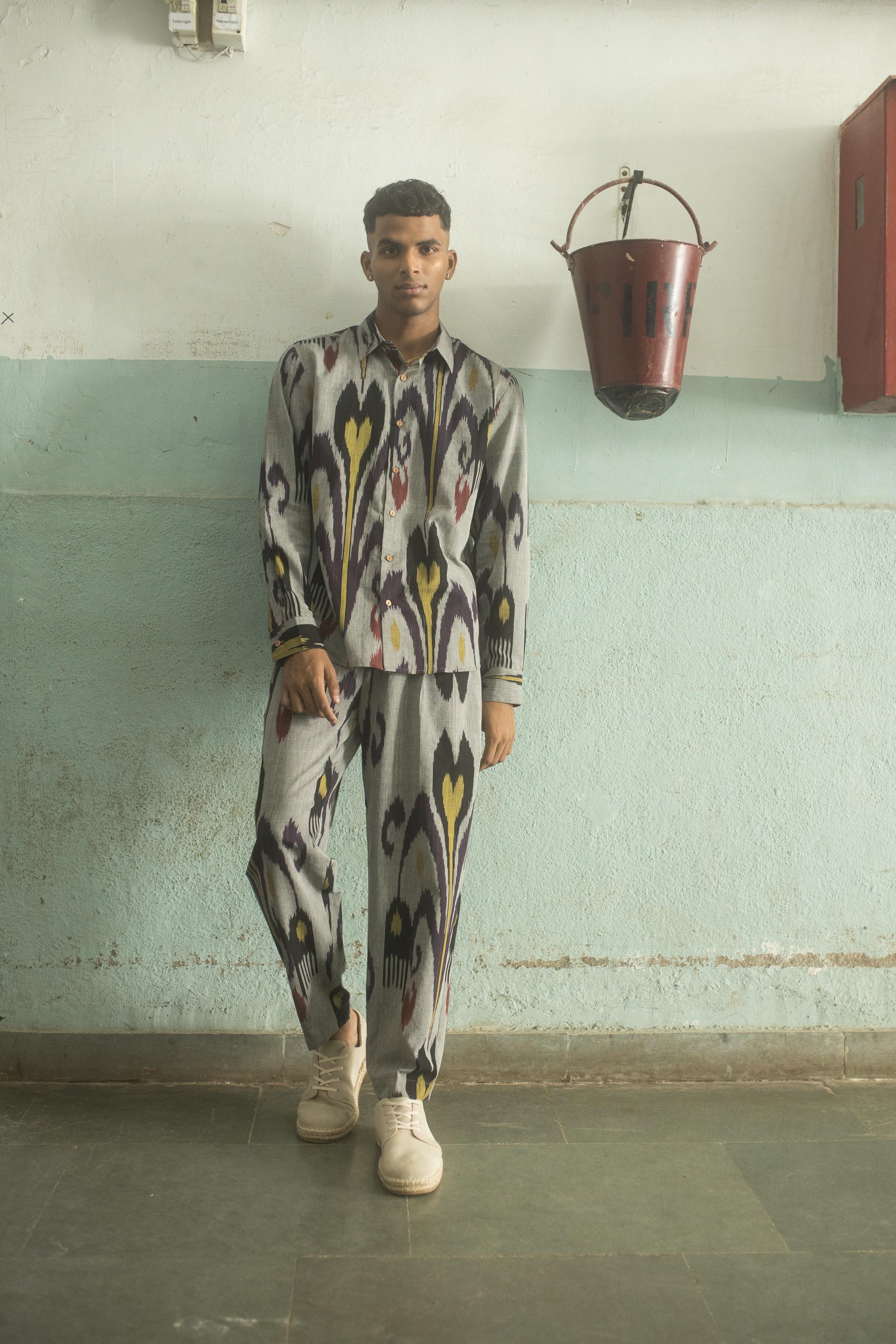 The Minimalist Shirt at kamakhyaa.com by Anushé Pirani. This item is 100% Cotton, Beach Wear, Casual Wear, Console Collection List, Cotton, Evening Wear, Fresh Ink by Anushe Pirani, Grey, Handwoven cotton, Ikat Prints, Menswear, Regular Fit, Vacation Wear